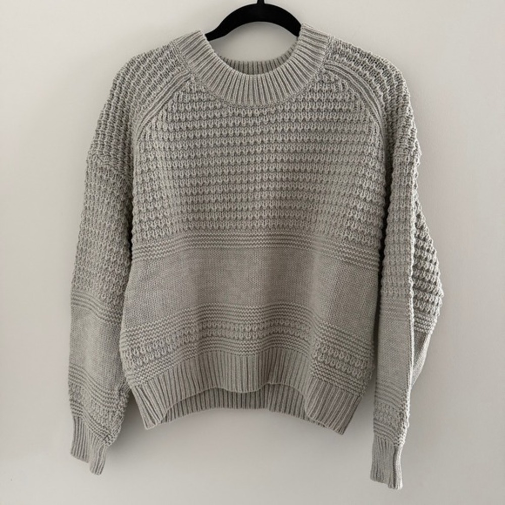 Gray Waffle Chunky Knit Raglan Crewneck Sweater L Casual Cabincore Cozy Outdoor